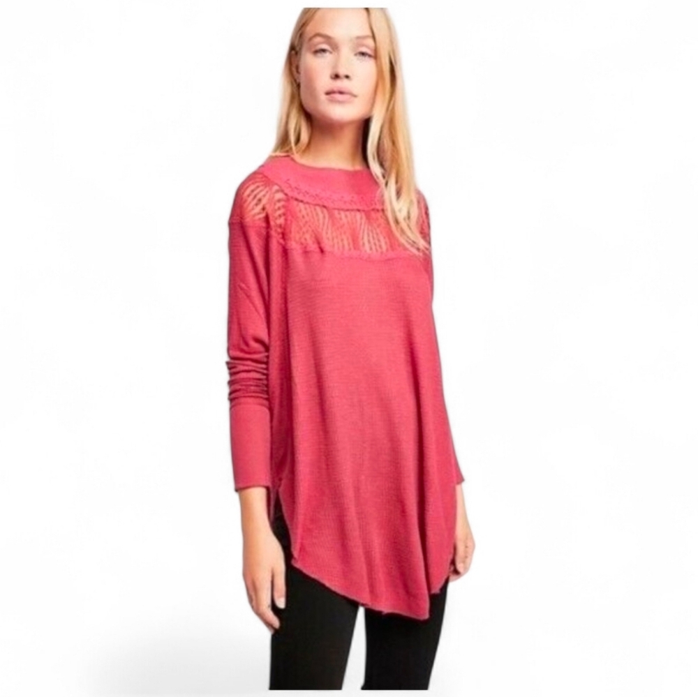 FREE PEOPLE Pink Spring Valley Lace Detail Thermal Top - Small